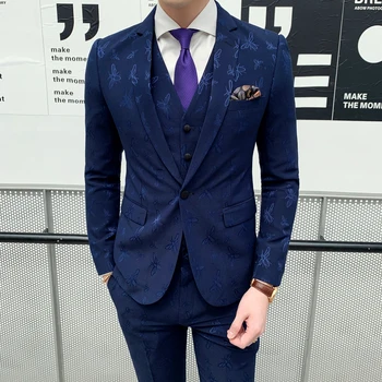 

Mens Suits Designers 2019 Bee Embroidery Costume Homme 3 Piece Formal Dinner Dress Gentleman Elegant Suit Blue Vestito Uomo