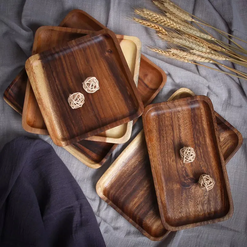 

Square Rectangle Wooden Pan Plate Fruit Dishes Saucer Tea Trays Dessert Dinner Bread Wood Plates