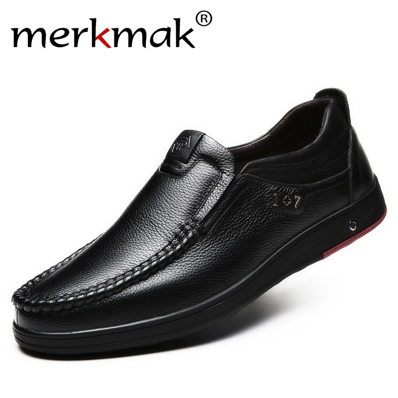 

Merkmak Genuine Leather shoes Men Loafers Slip On Business Casual Shoes Classic Soft Moccasins Hombre Breathable Men Shoes Flats