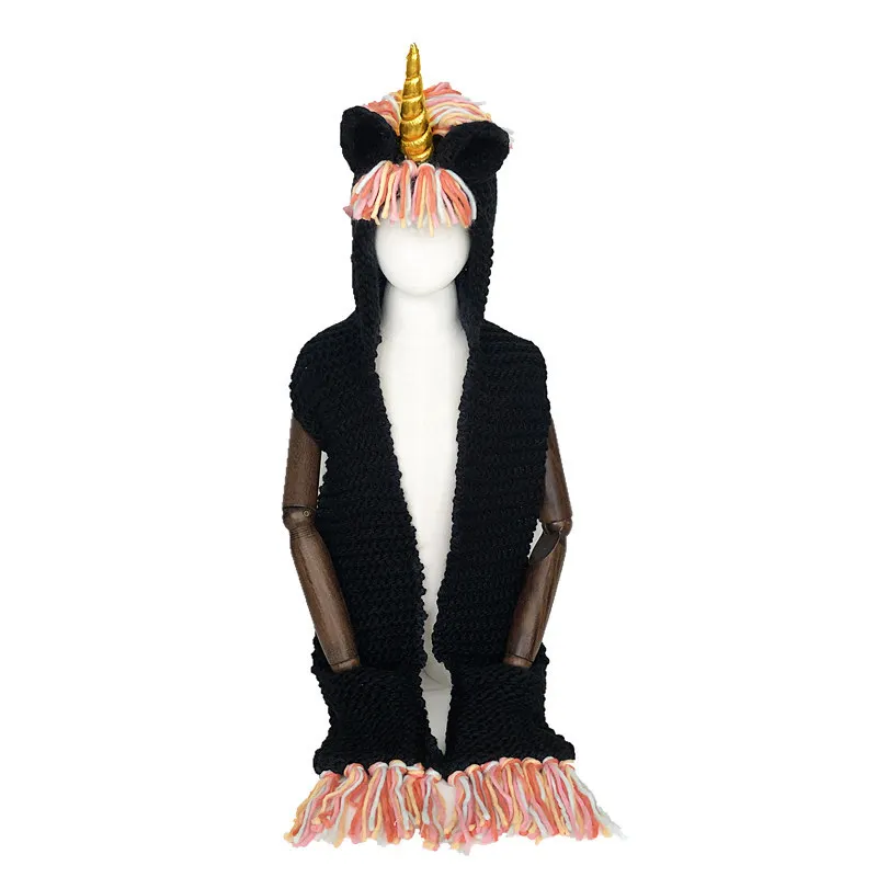 Зимние детские Unicorn шапки крючком мультфильм с шарфом карман с капюшоном вязаная шапка Косплей фотографии для мальчиков и девочек