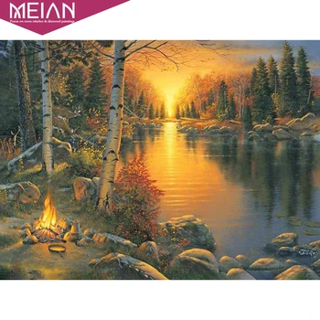 

2020 MEIAN Lake Evening Diamond Painting Full Round Diamond Mosaic Diamond Embroidery Painting Rhinestones Campfire Dinner