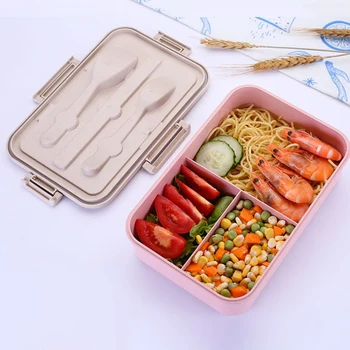 

Microwave Lunch Box Wheat Straw Dinnerware Food Storage Container With Tableware Children Kids School Office Portable Bento Case