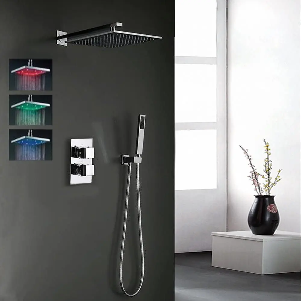 Luxury Solid Brass Thermostatic Shower System LED 12 inch heas Fixed Head Color Changing with Water Temperature | Обустройство дома