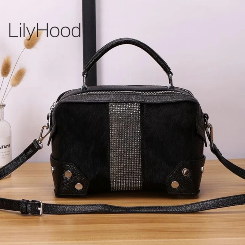 Natrual Horse Hair Artificial Leather Handbag Women Fashion Rhinestone Rivet Crossbody Bag Female High Quality | Багаж и сумки