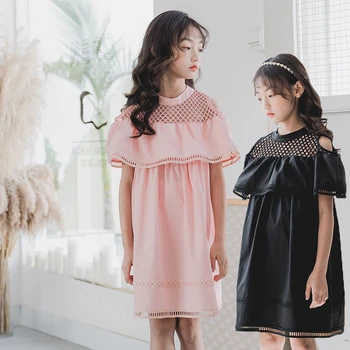

2020 Summer New Hollow Out Patchwork Teenager Girls Dresses Kids Pincess Dress For Girl Baby Fashion Black Pink Casual Clothing