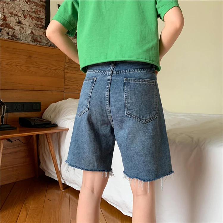 Pengpious summer new loose denim shorts frayed hem high waist for school girls sweet short jeans