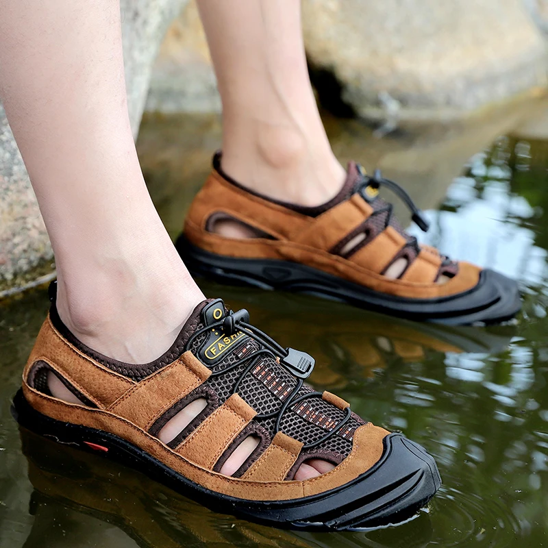New Men Leather&Mesh Outdoor Sandals Summer Breathable Casual Shoes Anti-slip Footwear Walking Beach Water Sneakers Botas Hombre