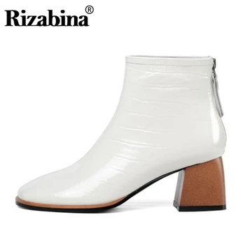 

RIZABINA Real Leather Women Ankle Boots Solid Color Round Toe Zipper High Heels Shoes Autumn Winter Women Footwear Size 34-41