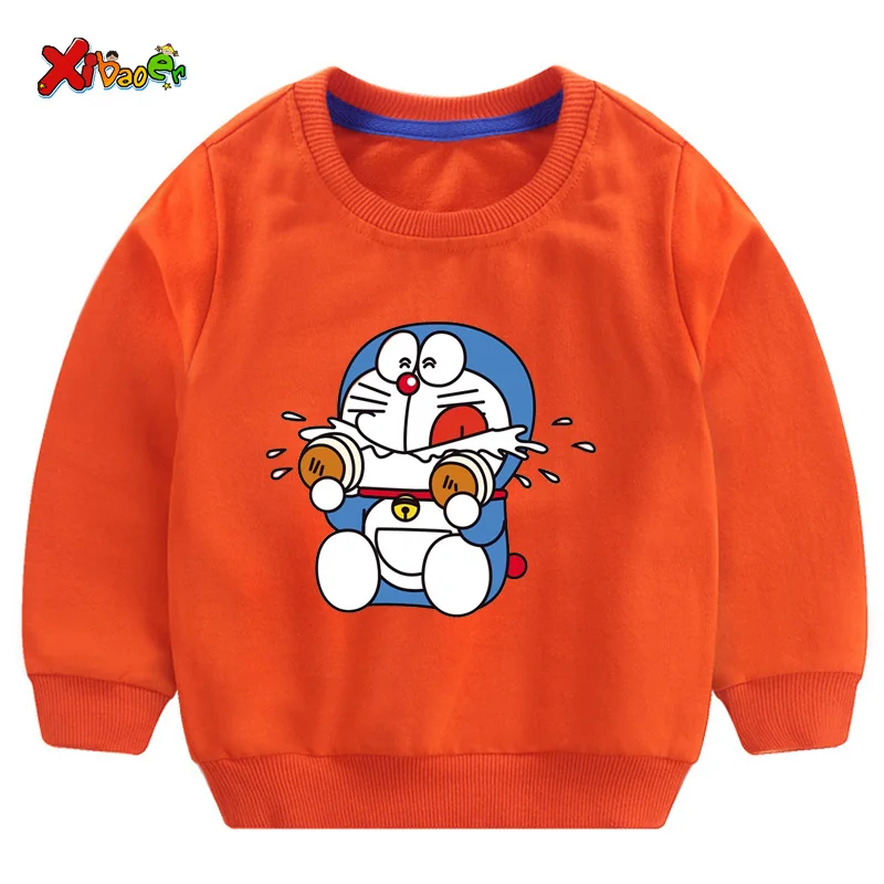 Doraemon/толстовки с капюшоном; детская хлопковая одежда для маленьких девочек; сезон весна-осень; детские топы с капюшоном; свитер с длинными рукавами для мальчиков - Цвет: sweatshirt orange