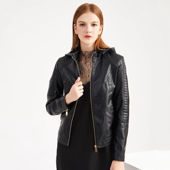 

hooded women black PU leather jacket 2020 autumn solid female coat with zipper slim casual outwear mujer chaqueta cuero hombre