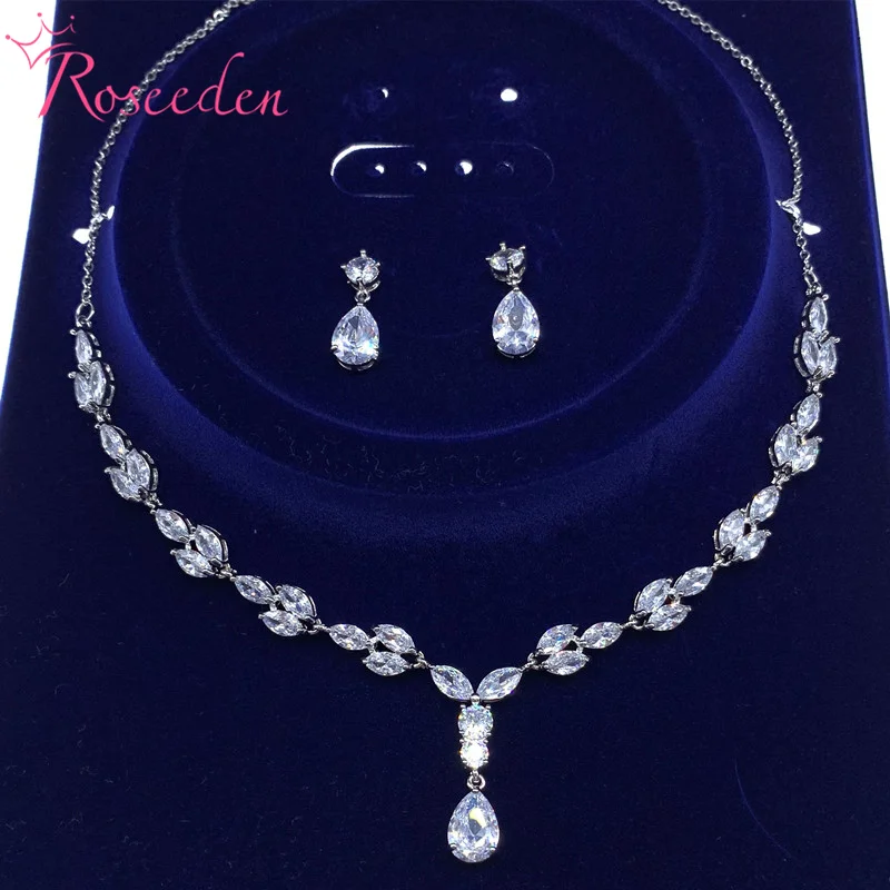 Elegant Teardrop Full Cubic Zirconia CZ Crystal Necklace and Earring Bridal Jewelry Set RE3681