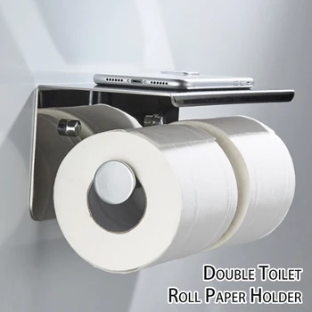 

Double Volume Toilet Paper Holder With Phone Shelf Bathroom Tissue Dispenser Wall Mounted Bathroom Accessories Simple Design