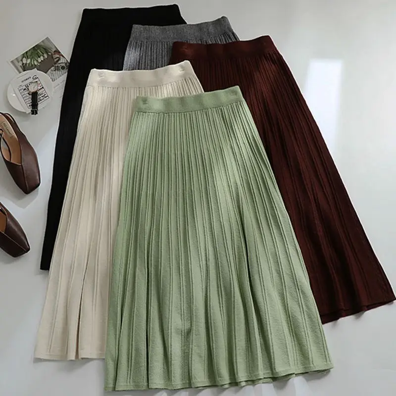 GIGOGOU вертикальный полосатый вязаный женский свитер юбка эластичная лента Плиссированные Миди юбки шикарные с высокой талией трапециевидные юбки женские