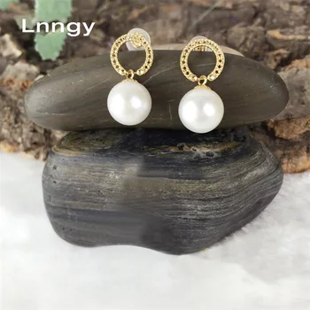 

Lnngy 18K Yellow Gold Natural Cultured Freshwater Pearl Wedding Stud Earrings Big White Pearl for Women Jewelry Brincos Gift
