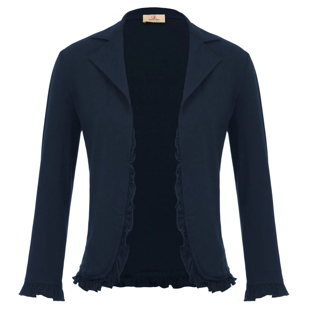 Oxford Blue Женское пальто, повседневное, воротник с лацканами, открытая передняя куртка, элегантное, одноцветное, стрейчевое, тонкое, для свадебной вечеринки, гофрированное, хлопковое болеро, Осеннее - Цвет: Oxford Blue