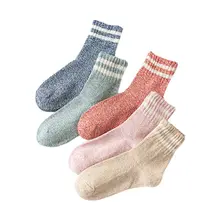 5 пар, женские зимние вязаные носки из искусственной шерсти, двойные полосатые носки средней длины Y1AC