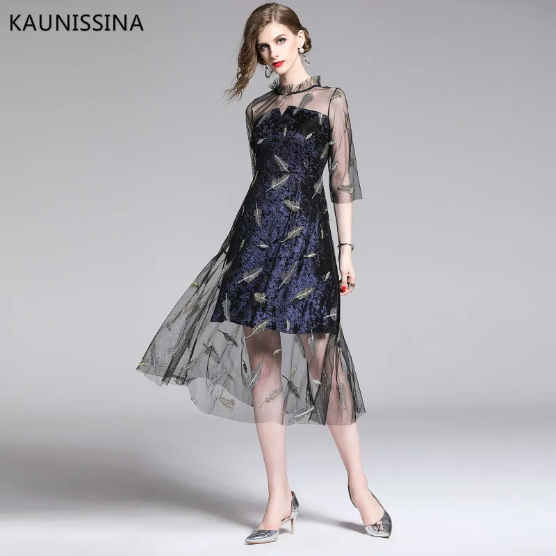 

KAUNISSINA Elegant Cocktail Dress Formal Gowns Fashion Embroidered Slim Mesh Velvet Half Sleeve Midi Party Robe Homecoming Dress