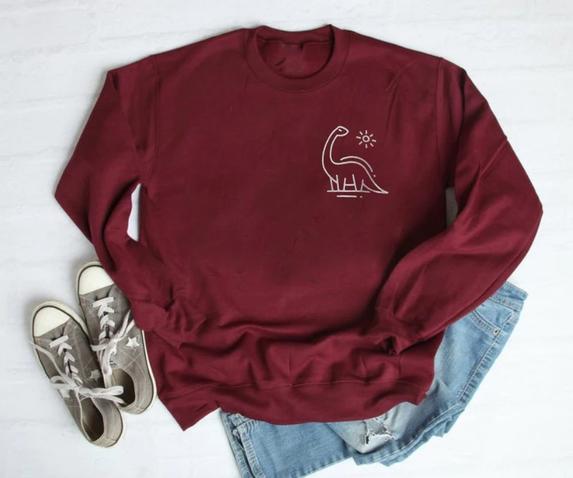 Burgundy-white text Толстовки с карманами в виде динозавра для женщин; Милый джемпер с графическим рисунком динозавра; модная одежда из хлопка; повседневные пуловеры в стиле Харадзюку - Цвет: Burgundy-white text