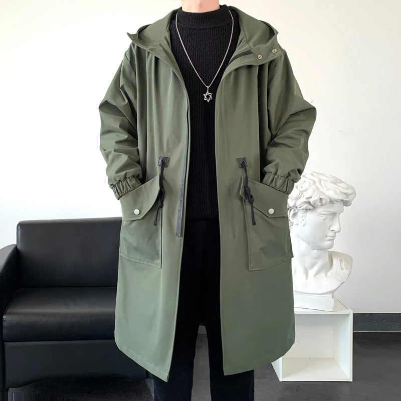 Trench Coat Mens Fashion Overcoat Casual Slim Fit Solid Long Male Windbreaker Outwear Homme