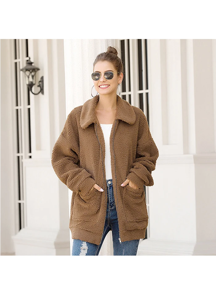 Liva girl из искусственного меха пальто Для женщин зимние теплые мягкие молнии Меховая куртка Женская Плюшевые пальто карман Повседневное Тедди верхняя одежда