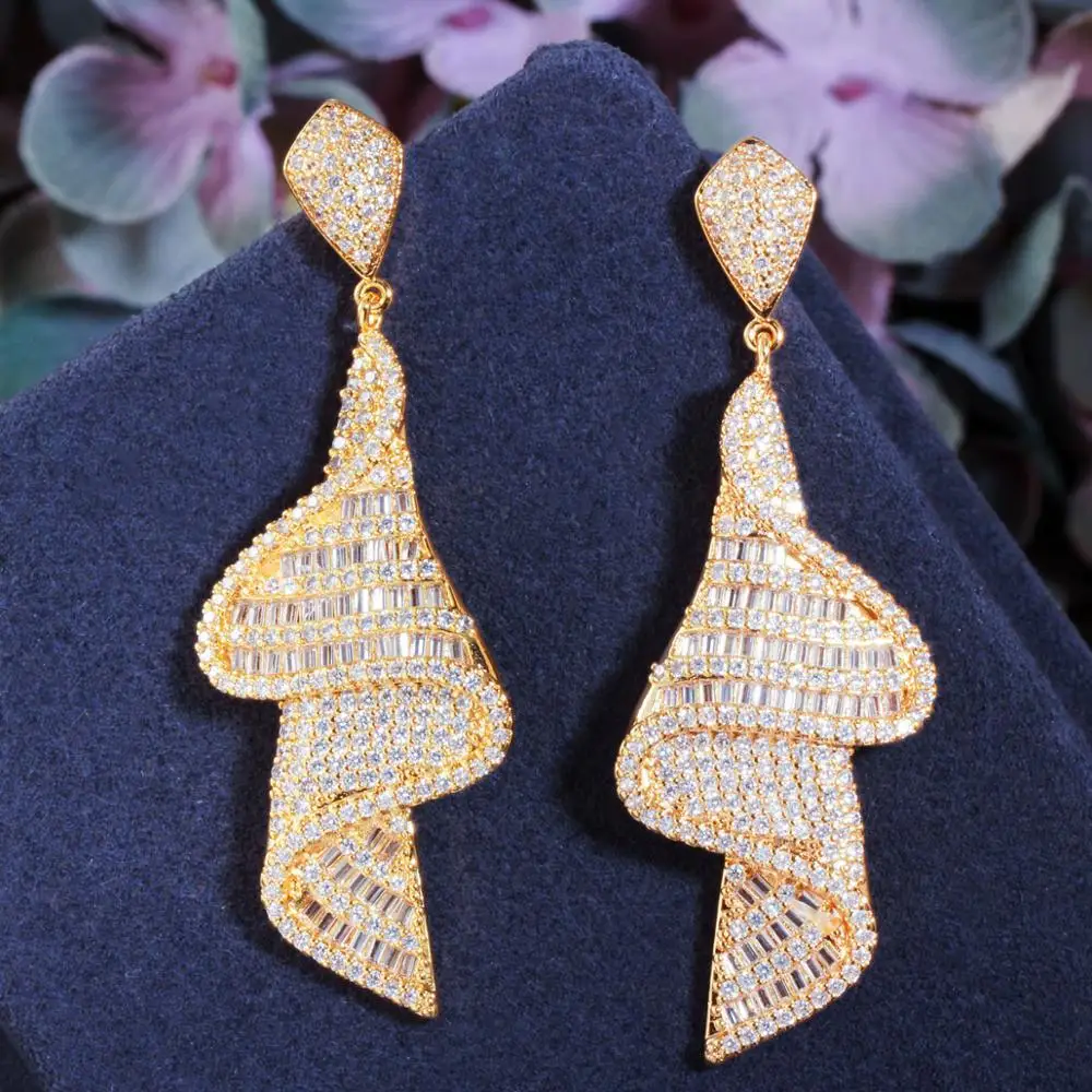 CWWZircons Geometric Sparkling Fancy White Cubic Zirconia Big Long Drop Earrings for Women Dubai Gold Color Bridal Jewelry CZ803