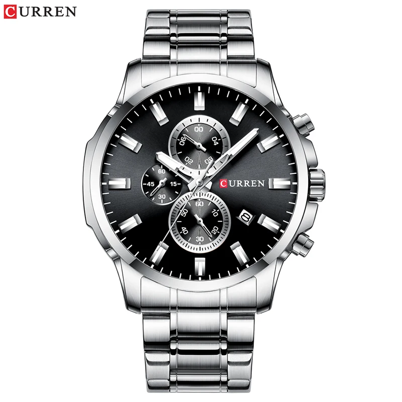 silver black CURREN Топ люксовый бренд спортивные кварцевые часы мужские часы со светящимися стрелками хронограф Автоматическая Дата модные часы из нержавеющей стали - Цвет: silver black