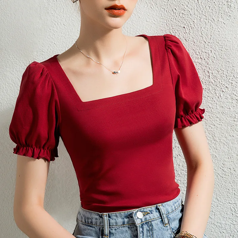 

Women Summer Sexy Tshirt Short Sleeve Square Collar T Shirt Black White Slim Top Office Lady Fashion Vintage Plus Size Tee Femal