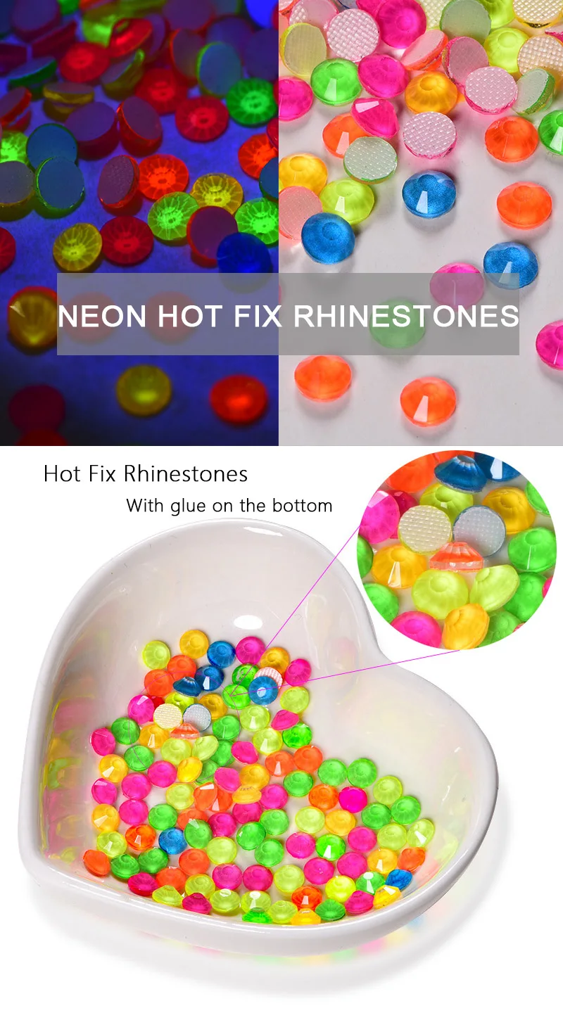 Colorful High Quality стразы Neon Hotfix Rhinestones Noctilucent Electric Glue On Rhinestones for Iron Garment Decorations F0192