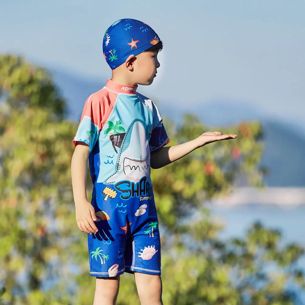 Kids One Piece Swimsuits Short Sleeve Rash Guard Shirt Bathing Suits Back Zipper Swimwear Sun UV Protection Surfing Suit Boys