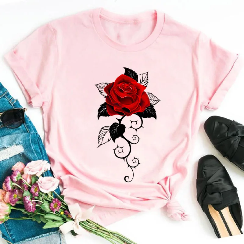 New Fashion Women Black T Shirt Red Rose Musical Note Printed T Shirt Harajuku Cute Graphic Tee Shirt Female Ladies Casual Tops t shirt