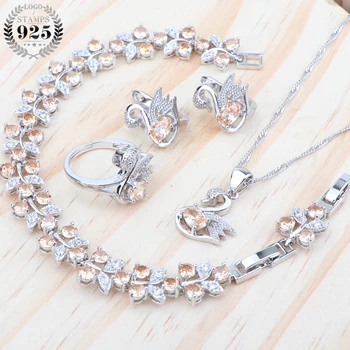 

Orange Cubic Zirconia Wedding Jewelry Sets Women Silver 925 Costume Jewelry Earrings Blue Stone Bracelet Pendant Necklace Set