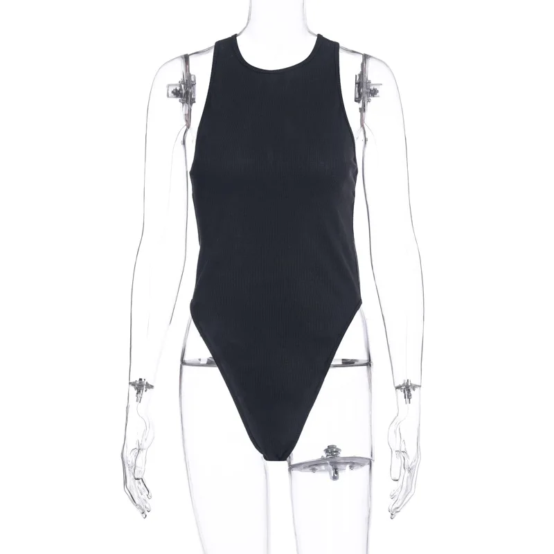 ArtSu Women Sexy Cross Bandage Bodysuit O-Neck Sleeveless Fit Bodycon Knitted Bodysuits One Piece Combinaison Femme Black White