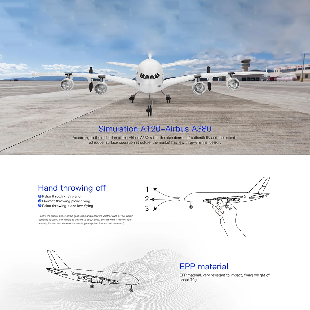 WLtoys XK A120 RC Airplane 2.4GHz 3 Channel 6-Axis Gyro Airbus A380 RC Plane Glider Throwing Wingspan Foam Planes Fixed Wing RTF 3