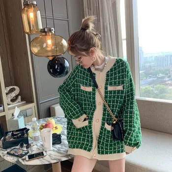 

2020 New Fashion Trend Casual Winter Women Elegant Sweater Cardigans O-Neck Retro Vintage Knit Jackets Plaid Long Loose Tops Hot