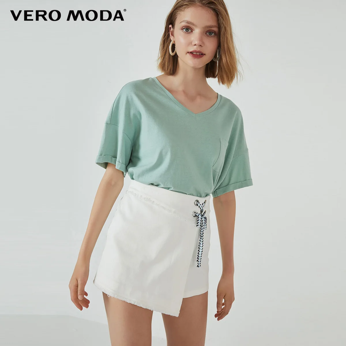 Misty jade Vero Moda Женская футболка из хлопка с v-образным вырезом свободного кроя чистого цвета | 319101545 - Цвет: Misty jade
