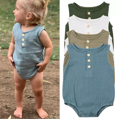 Summer Newborn Infant Baby Boy Romper Unisex Button Sleeveless Solid One-pieces Jumpsuit Cotton Linen Clothes Outfit |