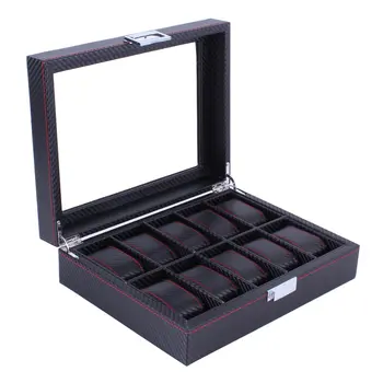 

10 Grids Carbon Fibre Pattern Watch Box Watch Holder Organizer Storage Case Jewelry Display Rectangle Black Color Showcase GIFTS