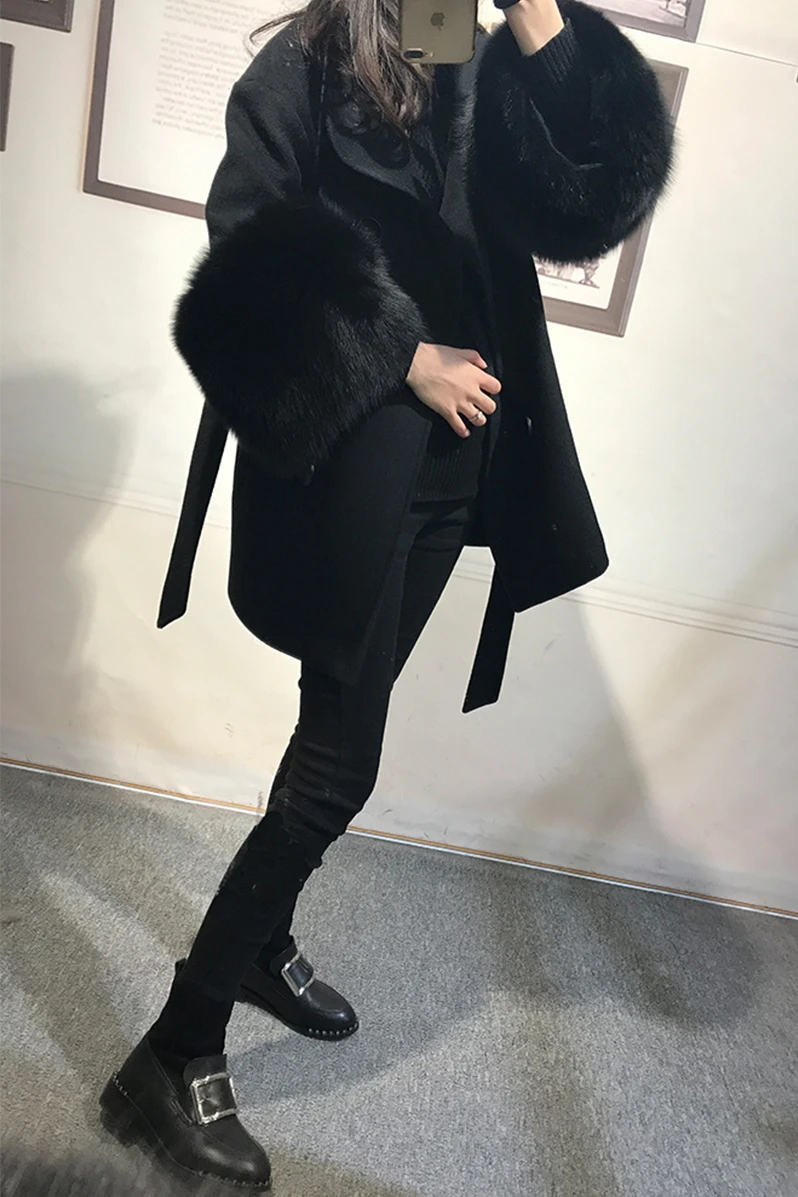 Женское шерстяное кашемировое пальто из натурального Лисьего меха высокого качества с двойным лицом с неровным рукавом черного цвета Женское зимнее шерстяное пальто