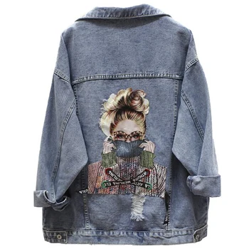 

Letter Printed Denim Jacket Women 2020 Spring Holes Jean Coat Patchwork BF Style Jeans Coats And Jackets Women Jeans Jacket