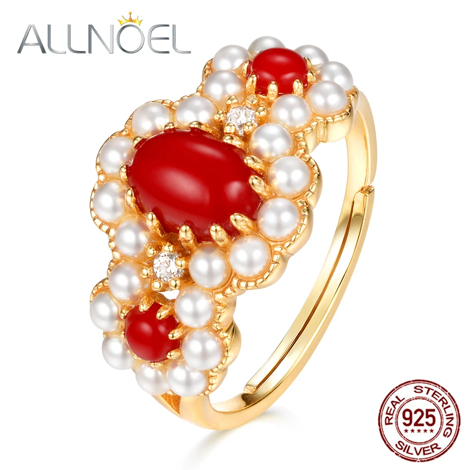 ALLNOEL 925 Sterling Silver Women's Ring Red Coral 5A Zircon Diamonds Genuine Gold Plated Wedding Engagement Adjustable Ring