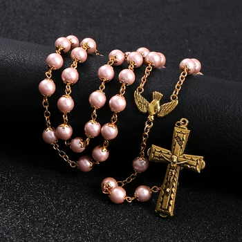 

KOMi Religious Solid Color Pink Beads Catholic Rosary Necklaces Metal Alloy Cross Pendant Necklace Prayer Jewelry Collana R-390