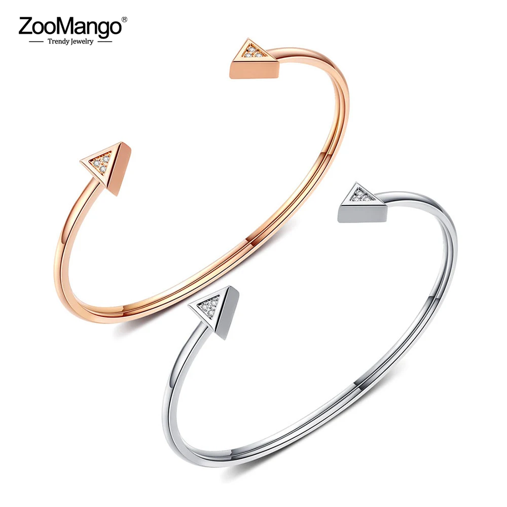 ZooMango трендовый из нержавеющей стали симметричный треугольник Открытый браслет для запястья для женщин Офис CZ Кристалл женский браслет ZOGH959