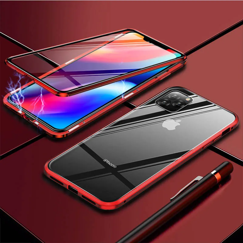 Red 360 ° металлический магнитный чехол из закаленного стекла для iPhone 11 Pro Max 11 Pro 11 Передняя и задняя стеклянная Защитная металлическая Магнитная крышка - Цвет: Red