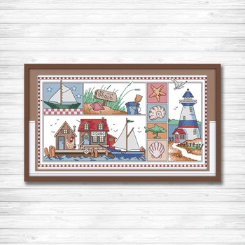 

Impression of seaside beach fishing painting counted printed on canvas needlework embroider Sets DMC 11CT 14CT Cross Stitch kits