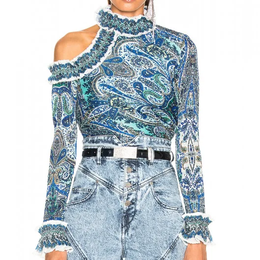 

High Quality Ladies Blue Floral Printed Asymmetric Blouse Top With Pleated & Ruffled Detail & One Side Cold Shoulder