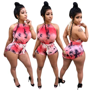 

Women Printed Halter Rompers Tie Dye Sleeveless Open Back Tie Waist Casual Short Jumpsuit
