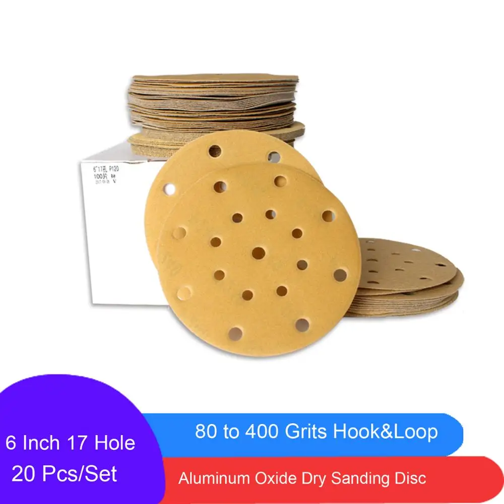 

20PCS 6 Inch 17 Hole Hook and Loop Aluminum Oxide Golden Sandpaper Sanding Disc for Automobile Paint Care
