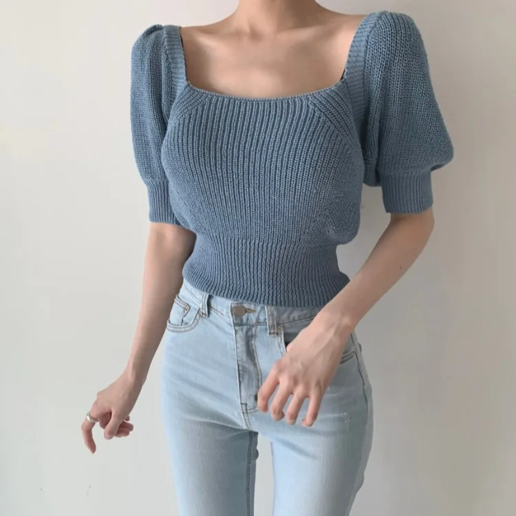 Knitted Tops Fashion Korean Chic Elegant Feminine Square Collar Hollow Backless Strap Slim Summer Puff Sleeve Sweater