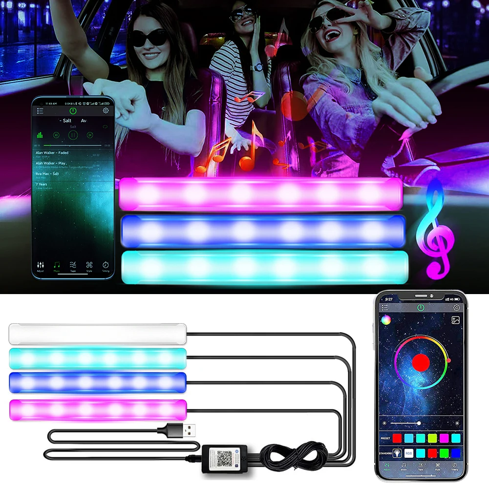 Universal Car Atmosphere Light 4 In 1 USB Interior Ambient APP Control RGB Music Sync Colorful LED Strip for | Автомобили и