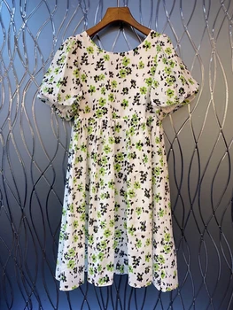 

2020 Spring and Summer New Women's Back Neck Drawstring Lace-up Decorative Printing Color Matching Bubble Short-Sleeve Dress 527